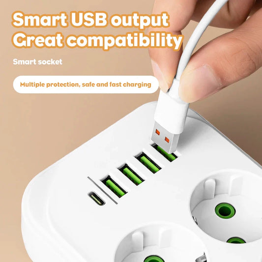 EU Plug Power Strip with USB Type-C Fast Charging & 2M Extension Cord