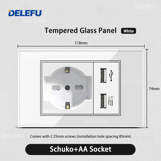DELEFU White Tempered Glass USB Type-C Fast Charging Wall Socket