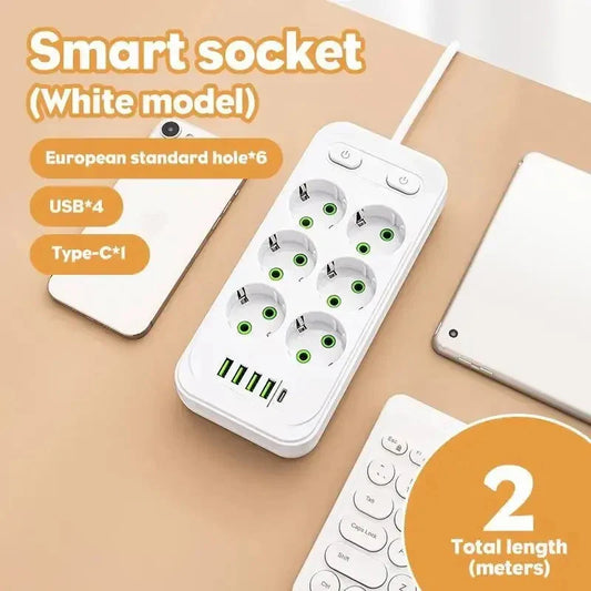 EU Plug Power Strip with USB Type-C Fast Charging & 2M Extension Cord