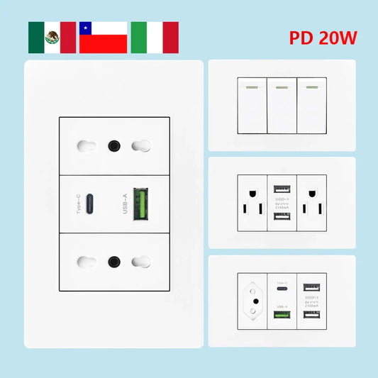 Italy Chile Mexico USB Smart Type-C 20W Fast Charging Wall Outlet Plug