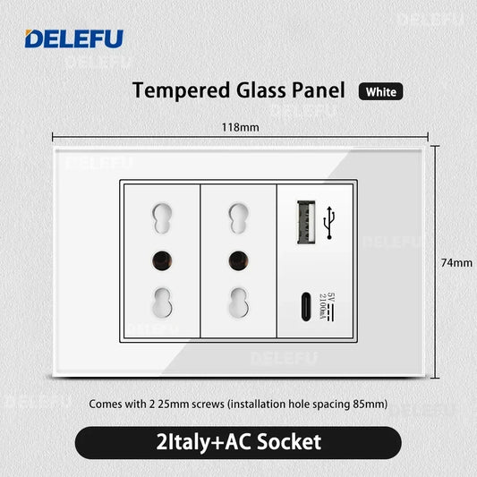 DELEFU White Tempered Glass USB Type-C Fast Charging Wall Socket